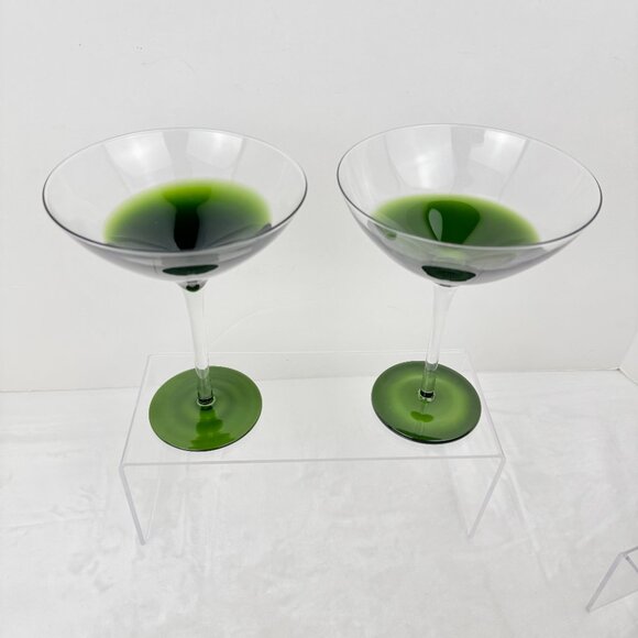 Pier 1 Elemental Green to Clear 7" Martini Cocktail Glass Tall Stem Set 2 MCM - Picture 2 of 15